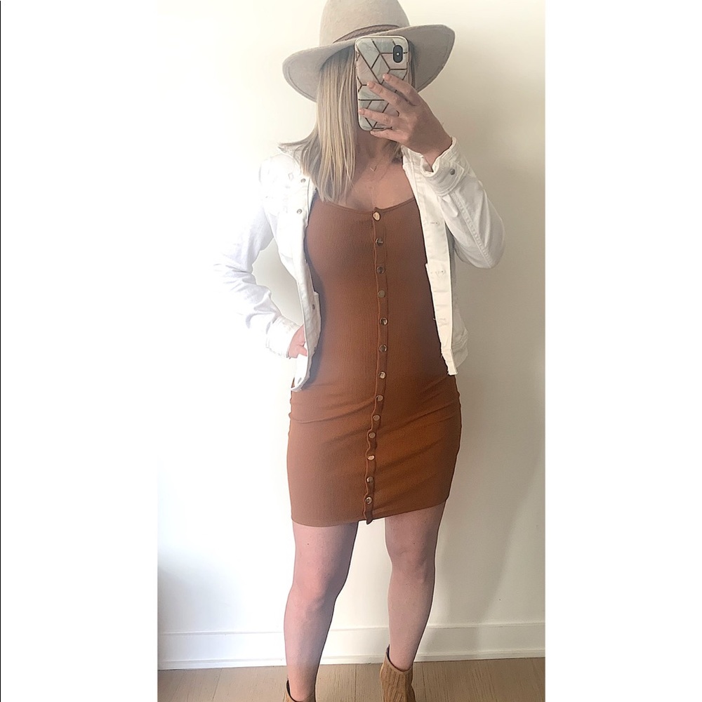 Tan Spaghetti Strap Button Dress